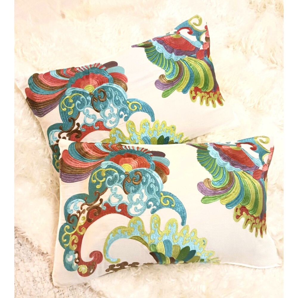 Trina Turk 20X12 Pillow Sham S/2 White Cotton Trellis Coral Abstract Embroidered